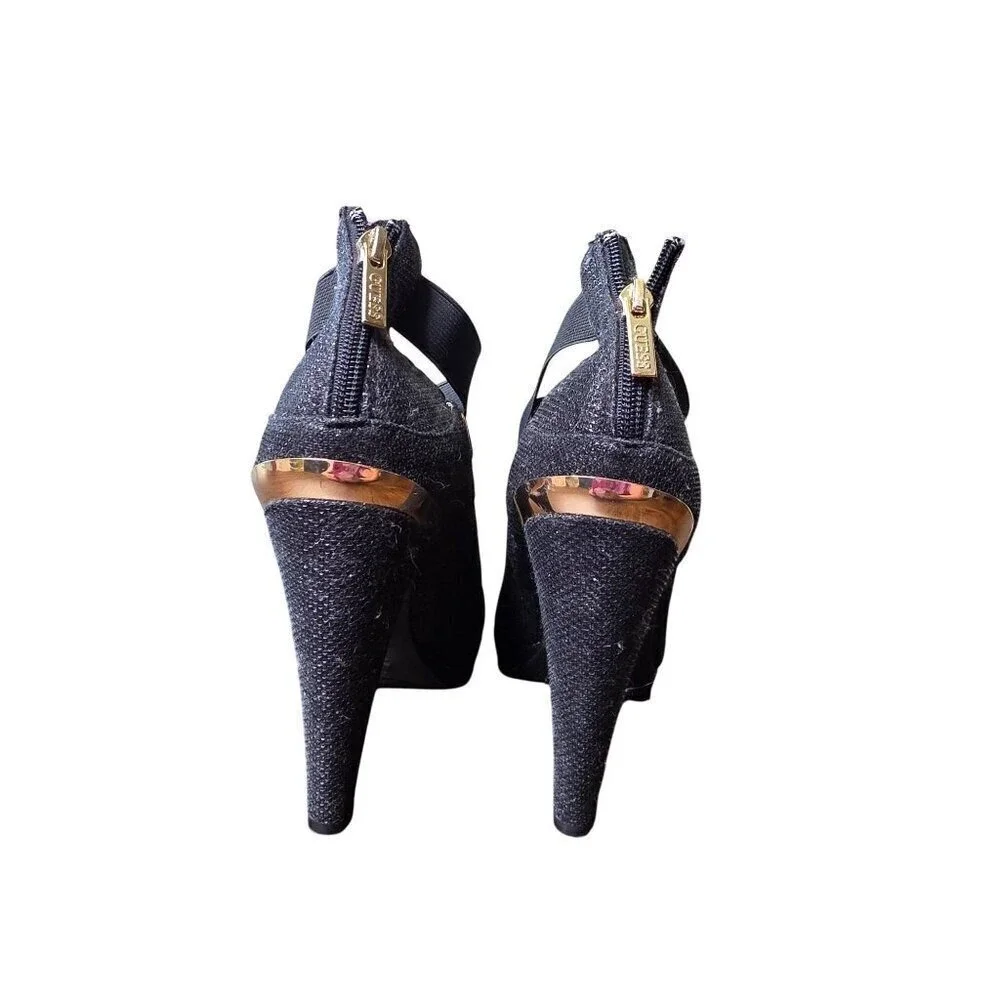 Guess Black‎ Glitter Fabric Platform Heels With Back Zipper & Ankle Strap 8.5M